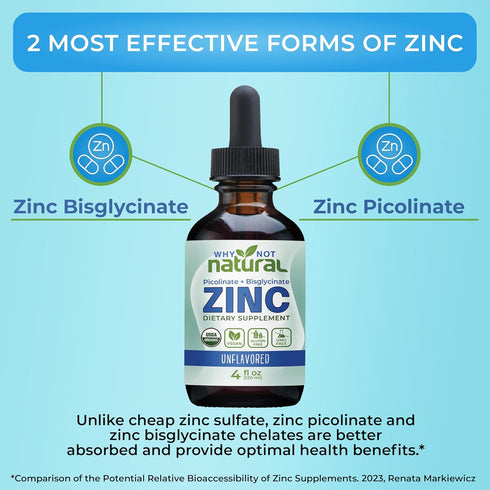 Organic Liquid Zinc Drops Supplement with Zinc Picolinate and Bisglycinate 4 fl, USDA Organic, Gluten-Free, Vegan and GMO-Free (Unflavored)...