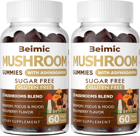 Mushroom Gummies - 10x Mushroom Supplement with Ashwagandha and Lions Mane (120 Chews) Nootropic Brain Supplement, Immune Support & Stress Relief ...