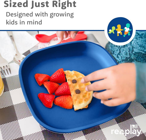 Re-Play Toddler Plates - 22 Oz. Deep-Walled Flat Kids Plates - Dishwasher & Microwave Safe - Made in USA - Set of 3-7.37" x 7.37" x 1.25" - True B...