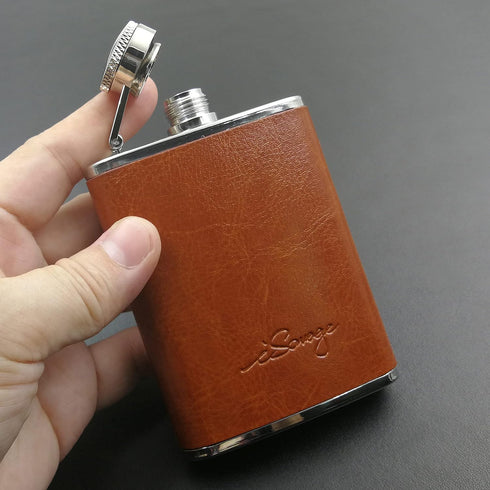 3oz Brown Red Leather Wrapped Hip Flask with a Funnel 18/8 Stainless Steel-YM102...