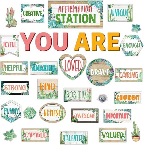 Affirmation Station Bulletin Board Set Cactus Motivational Posters for Classroom You Are Positive Accent Cutouts Inspirational Decoration for Home...