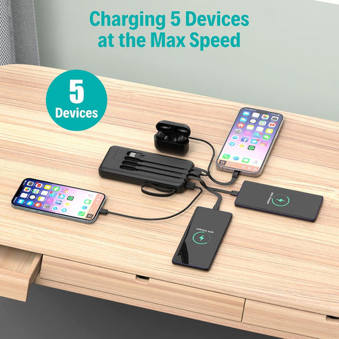 Portable Charger with Built in Cables,10000mAh Slim USB C Power Bank,5 Output 3 Input LED Display High Speed External Battery Pack Travel Phone Ch...