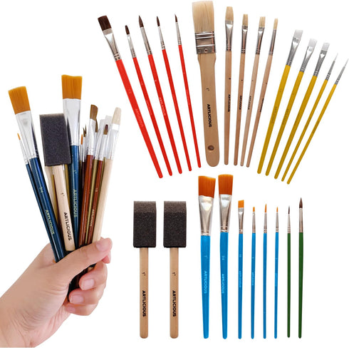 Artlicious Foam Brushes Wood Handle Paint Brush Set - Use with Craft, Watercolor, Oil, Gouache Paints, Face Art, Washable Paints, Miniature Detail...