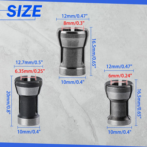 3 Pcs Die Grinder Collet 6mm 6.35mm 8mm Router Collet Chuck Adapter Collets Trimmer Clamping Collet Adaptors Router Bit Chuck for Woodworking Engr...