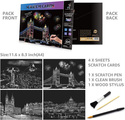 Rainbow Scratch Art Painting Paper (A4) for Kids & Adults, DIY Night View Scratchboard, Engraving Art Set: 4 Sheets Scratch Cards & Drawing Pen, C...