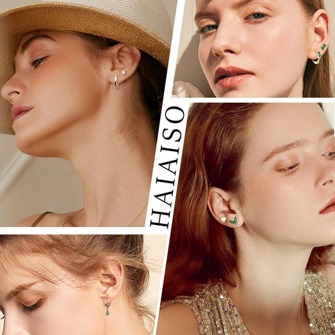 HAIAISO 10 Pairs 14K Gold Plated Huggies Hoop Studs Earrings for Women Small Dangle Hoop Earrings Gold Green Earrings Set for Multiple Piercing...