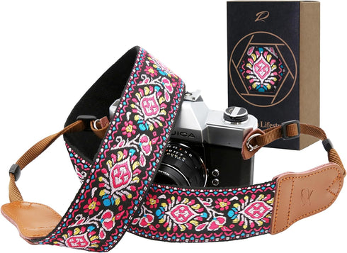 Padwa Lifestyle Pink Vintage Embroidered Camera Strap - 2" Wide Cowhide Head Camera Straps,Cotton Woven Adjustable Shoulder & Neck Strap for All D...