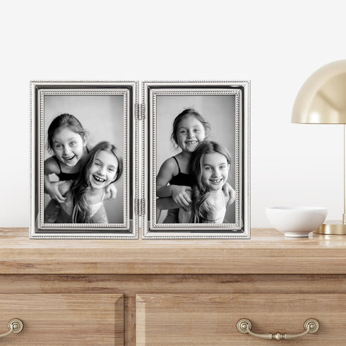 Lawrence Frames Hinged Double (Vertical) Metal Picture Frame Silver-Plate with Delicate Beading, 4 by 6-Inch...