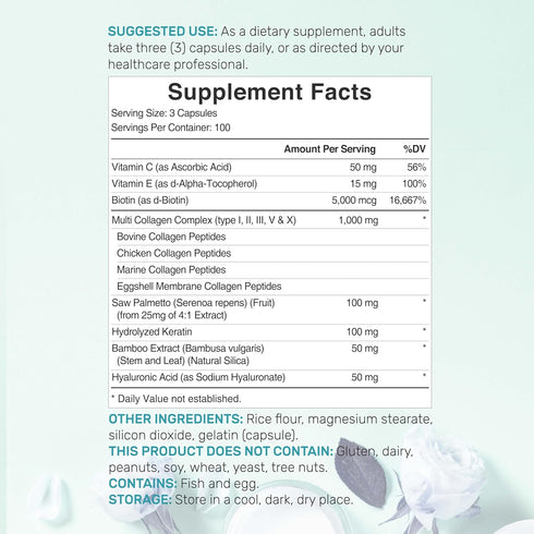 DEAL SUPPLEMENT Multi-Collagen Pills for Women with Vitamin C, E, & Biotin, 300 Capsules – 11 in 1 Formula with Saw Palmetto, Bamboo Silica, & Hya...