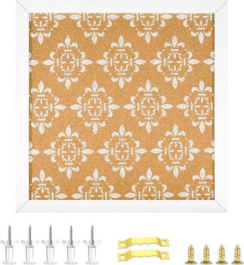 Decorative Cork Board for Walls, Square Bulletin Board with Floral Print, White Framed Pin Board Vision Board for Office School Bedroom and Dorm R...