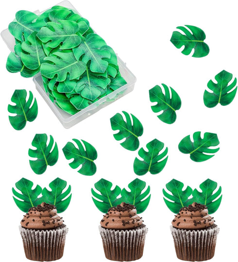 48pcs Edible Tropical Turtle Leaves Cupcake toppers, Palm Leaf Cake Topper, Edible Wafer Paper Leaf Cake Decoration for Hawaii Aloha Jungle Summer...