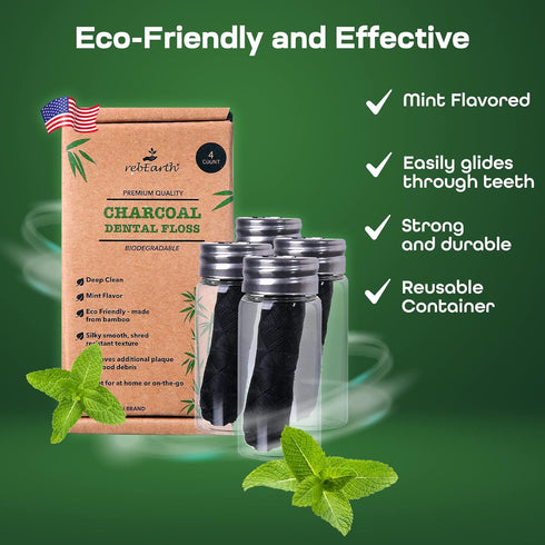 Natural Deep Clean Charcoal Floss - Oral Care Dental Floss w/Mint Flavor, 30m Tooth Floss in Glass Container, Bamboo Floss w/Reusable Floss Contai...