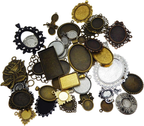Julie Wang 40PCS Antiqued Bronze Silver Bezel Tray Pendant Blanks Base Charms for Resin Mold Setting Photo Necklace Jewelry Making No Duplicates...