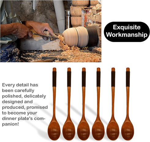 6 Pieces Wooden Spoons for Eating, Muulaii Wood Soup Spoons Long Handle Spoon with Japanese Style Kitchen Utensil for Korean Food Cooking Mixing S...