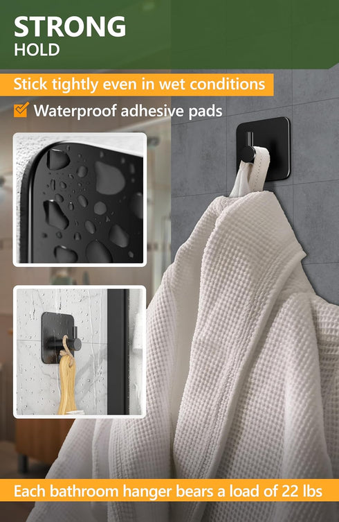 Towel hooks for bathrooms, Set of 6 - Black adhesive hooks, durable adhesive wall hooks - Strong adhesive towel hooks, stick on hooks...