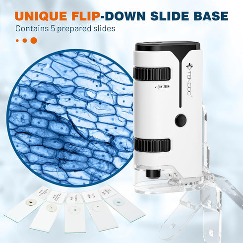100x-250x Mini Pocket Microscope for Kids Adults, Protable Handheld Microscope with 5 Microscope Slides, Phone Adapter, Miniscope Portable Microsc...