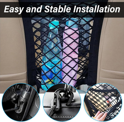 2 Layers Car Mesh Organizer, Two-Side Elasticity Auto Seat Back Net Bag Between Front Seats, Car Net Barrier of Backseat Pet Kids, Tissue Purse Ho...