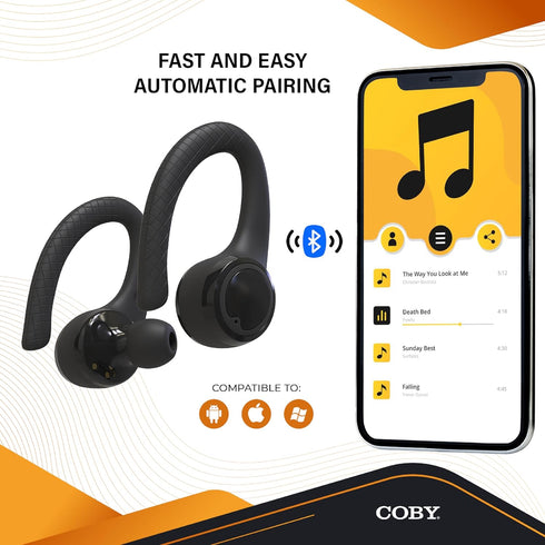 Coby True Wireless Bluetooth Earbuds | Interchangeable Ear Hooks & Tips | Sweat-Resistant |14-Hours Play Time | Drop-Proof Charging Case | Wireles...