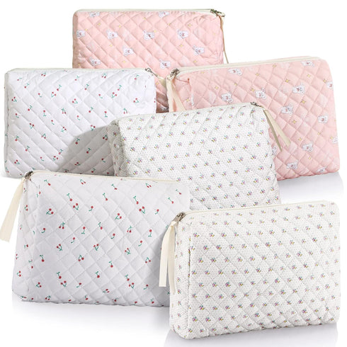 6 Pieces Coquette Makeup Bag Cotton Cosmetic Bag Cute Flower Makeup Bag Aesthetic Large Floral Makeup Pouch Quilted Travel Toiletry Bag Kawaii Stu...