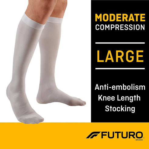 FUTURO Anti-Embolism Knee Length Stockings, Large Regular, White, Moderate (18 mm/Hg)...