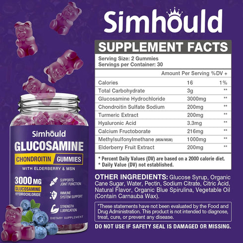 Glucosamine Chondroitin Gummies - 3000MG Extra Strength Joint Support Supplement with MSM & Elderberry, Flexibility, Antioxidant Immune Support Gu...