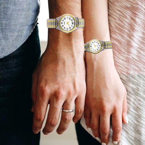 Lancardo Men's Elastic Band Watch: Analog Quartz Round Face Stretch Band Easy to Read Silver Gold Tone Wrist Watch Father's Day...