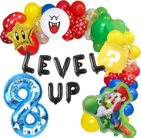 Video Game 8th Birthday Party Supplies, Level Up Letter Balloons, Boo Balloon, Balloons Arch for Kids 8th Birthday Decorations...