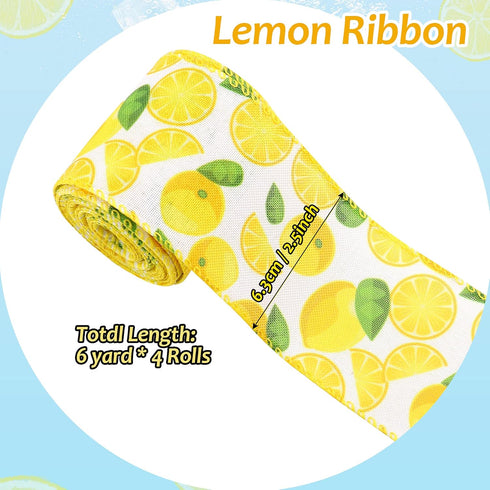 4 Rolls Lemon Wired Edge Ribbons 2.5 Inch x 24 Yards, Polka Dot Ribbon Lemon Stripe Lattice Craft Ribbon for Wrapping, DIY Project, Gift Wrapping,...