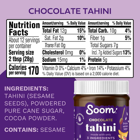 Soom Foods Chocolate Sesame Spread - 12oz (2 Pack) | Made with 3 Ingredients, Low Sugar, Dairy-Free, Nut-Free, Gluten-Free, Palm Oil-Free | 5g Pro...