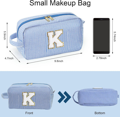 Makeup Bag for Women - Monogram Cute Initial Blue Makeup Bags Cosmetic Toiletry Pouch Make Up Case for Women Her Best Friend Friendship Sister Tea...