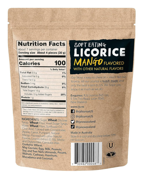 RJ's Soft Australian Licorice, Natural Mango Flavor, Resealable Bag, 7.05 Ounce (1-Pack) | Non-GMO, No Palm Oil, Plant Based | Soft & Chewy Licori...