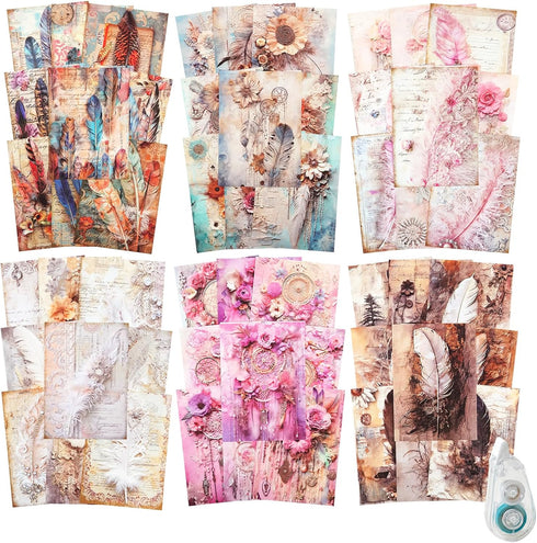 180Pcs Feathers Scrapbook Paper, Vintage Ephemera Pack for Journaling and Junk Journal Supplies, Scrapbooking Kit with Glue Tape...