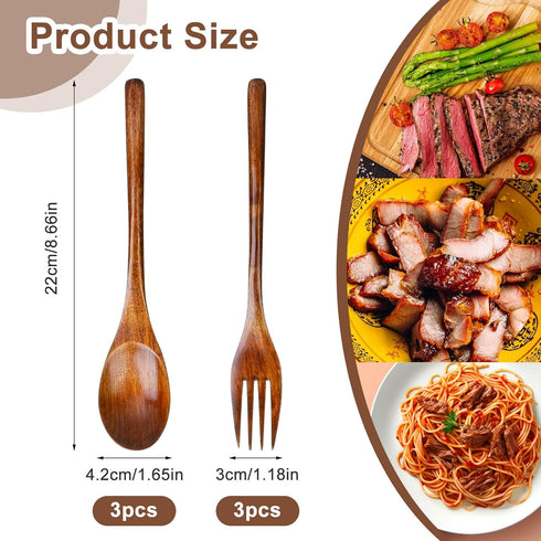 6Pcs Wooden Spoons Forks Set Wooden Spoons and Forks Cutlery Set, Reusable Wooden Utensil Set Wood Spoons Flatware Sets for Stirring Cooking Campi...