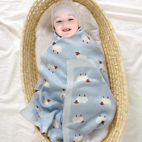 mimixiong Baby Blanket Knit 100% Cotton Toddler Blankets for Boys and Girls with Cute Sheep Size 30 x 40 inches Blue...