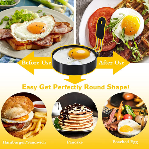 4'' Round+Square Egg Rings Set with Silicone Handle, Stainless Steel Egg Cooking Rings?Nonstick?For Frying Eggs and Egg Mcmuffins, Egg Mold For Br...