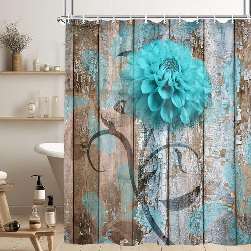 JAWO Teal Dahlia Shower Curtain, Dahlia Flower on Rustic Wooden Plank Country Style, Fabric Shower Curtain Set with 12 Hooks Bathroom Curtain Wate...