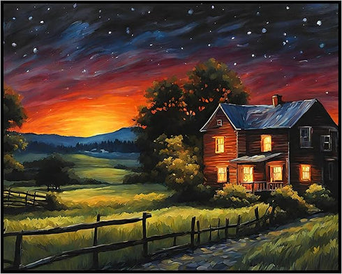 Posterizer 1 pcs- quaint old village-building in nature-night sky 4-Landscape & Nature Art-Floral Botanical Art- Decor for Home & Office- unframed...