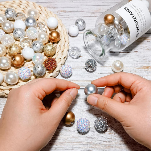 50Pcs Chunky Bubblegum Beads 20mm Silver Gold Gumball Rhinestone Beads with 48pcs Tiny Round Spacers, Extender Chains, Beading Wire for Crafts Jew...