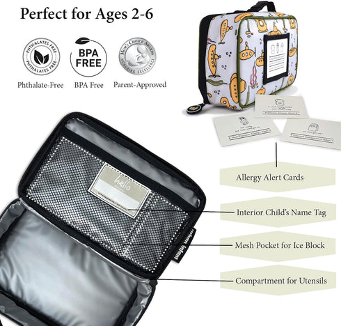 Urban Infant Yummie Kids Lunch Box Insulated Bag - Toddler Boys and Girls – Perfect for Daycare Preschool Travel Snacks – Allergy Alert Cards - Fi...