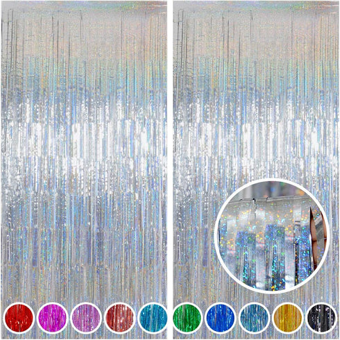 Melsan Foil Curtain, 2 Pack 3.2 ft x 8.2 ft Silver Tinsel Foil Fringe Curtains Backdrop, Sparkle Metallic Foil Curtains for Independence Disco Bac...