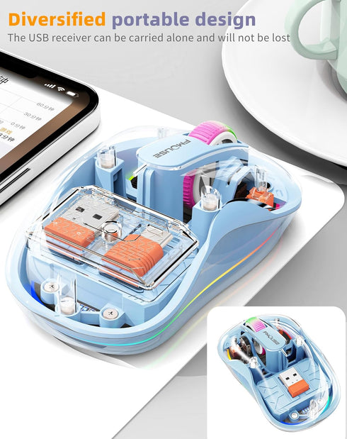 Unique Transparent Bluetooth Mouse with USB & Type-C Two Receiver, Small Portable Wireless Rechargeable Mice for MacBook/pc/iPad/Laptop and Multi ...
