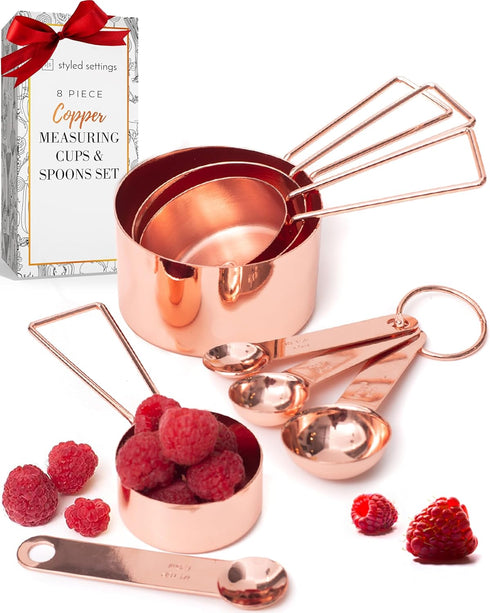 Copper Measuring Cups and Spoons Set – 8-Piece Stackable Stainless Steel Metal Measuring Utensils – Stylish and Sturdy Rose Gold Kitchen Accessori...