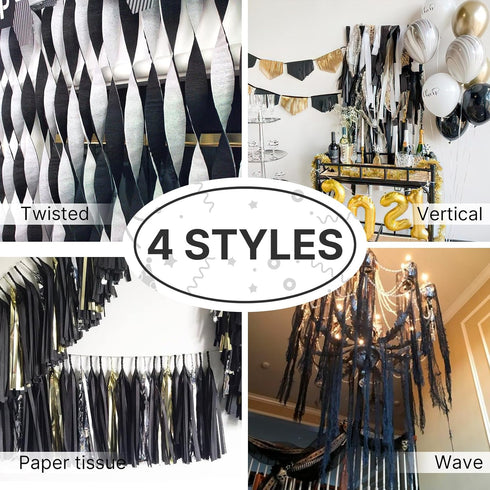 PartyWoo Crepe Paper Streamers 6 Rolls 492ft, Pack of Black Crepe Paper Party Streamers Decorations, Crepe Paper for Birthday Decorations, Party D...