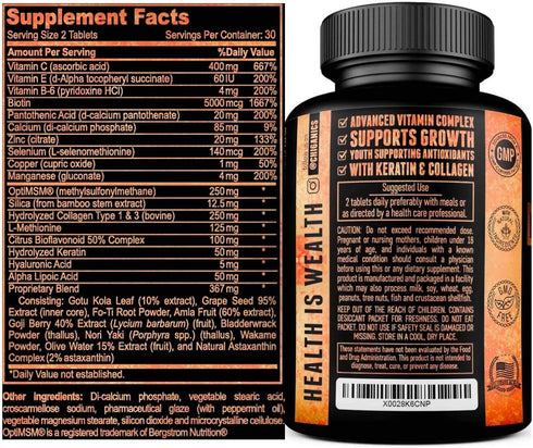 10X Potent Hair Skin and Nail Growth Vitamins Infused with Keratin + Collagen + Silica for Vibrant Hair- Extra Strength Biotin 5000mcg...
