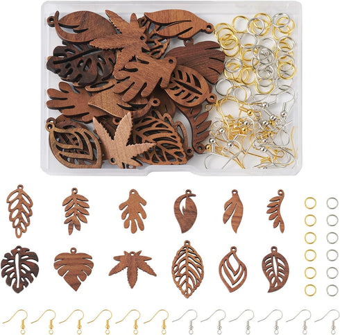 Cheriswelry Wood Leaf Earring Natural Wooden Dangle Earrings Making Kit Coconut Brown Wood Leaf Charms Brass Earring Hooks Jump Rings for Women Gi...
