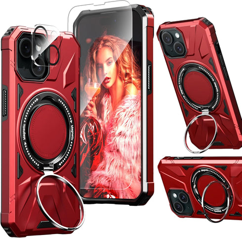 for iPhone 15 Plus Case with Screen Protector+360°Ring Holder Stand+Camera Lens Protector,Compatible with MagSafe,Dual Layer Protective Sturdy Mag...