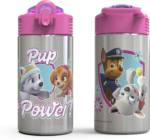 Zak Designs Paw Patrol Skye - Stainless Steel Water Bottle with One Hand Operation Action Lid and Built-in Carrying Loop, Straw Spout is Perfect f...
