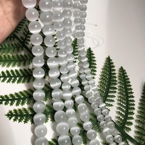 Yochus 8mm White cat-Eye Round Loose Beads Natural Stone Beads for Jewelry Making...