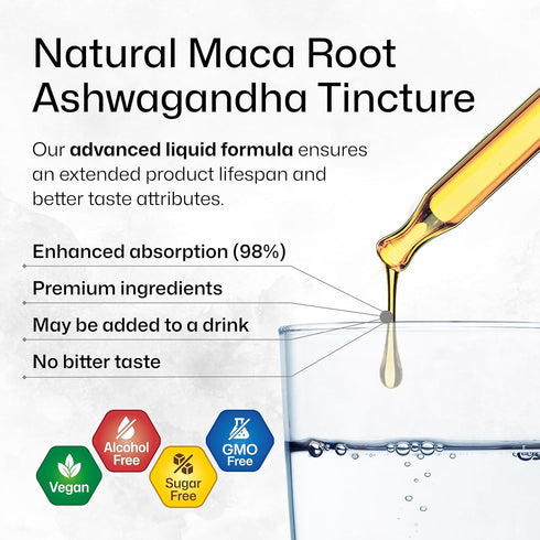 Maca Root and Ashwagandha Tincture - Organic Maca & Ashwagandha Supplements for Men & Women - Adaptogenic Liquid Supplement for Mood Support - Alc...