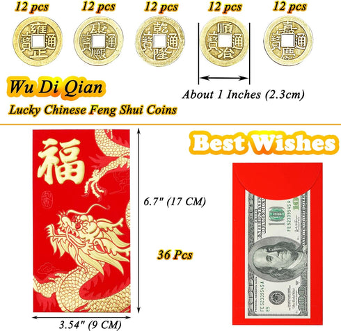 36 Pcs Chinese Red Envelopes Lucky Money Envelopes 2024 Chinese New Year Dragon Year Envelope and 60 Pieces Chinese Feng Shui Coins Good Luck Fort...